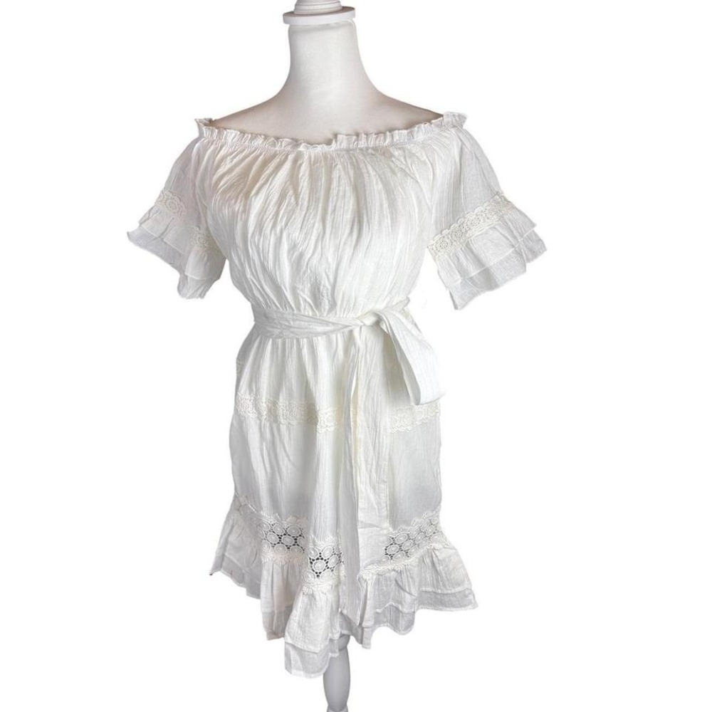 NWT Modern Boho Hayden White Off The Shoulder Lace Trimmed Cotton Blend Dress M